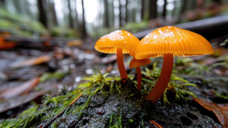 Bright orange mushrooms stand out on a mossy forest floor, capturing natures beauty, AIの素材