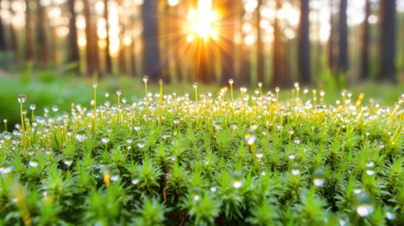 Dew-kissed moss glistens under the morning sun in a serene forest setting, AIの素材