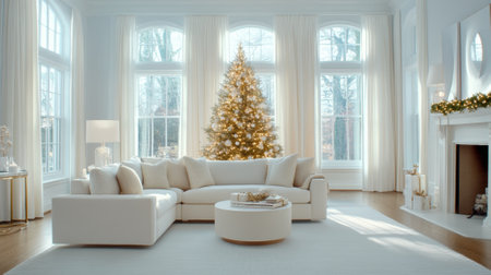 Elegant living room with a beautifully decorated Christmas tree by large windows, AIの素材
