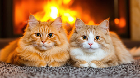 Two fluffy cats relax by a warm, glowing fireplace, creating a cozy atmosphere, AIの素材
