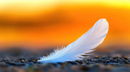 White feather resting on pebbles against a vibrant sunset backdrop, AIの素材