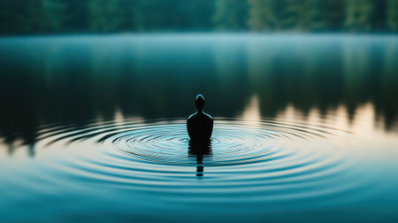 Solitary figure creates ripples in a tranquil lake at dawn, AIの素材