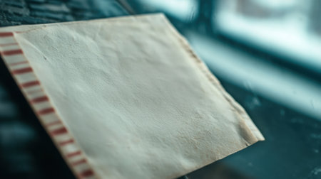 Aged envelope with striped border on a reflective surface, AIの素材