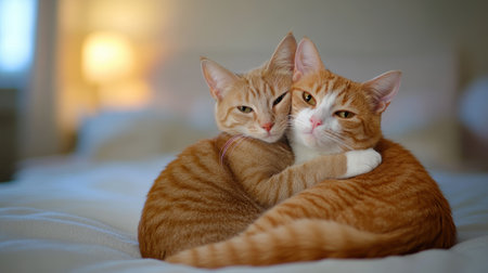 Two ginger cats snuggle together on a cozy bed, exuding warmth and affection, AIの素材