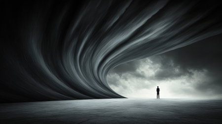 Lone figure stands before a massive, swirling wave under a dramatic sky, AIの素材