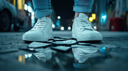 White sneakers stand over shattered glass on a dimly lit urban street, AIの素材