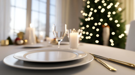 Elegant holiday table setting with a glowing Christmas tree in the background, AIの素材