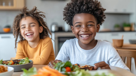 Two children enjoying a healthy meal together, smiling brightly at the table, AIの素材