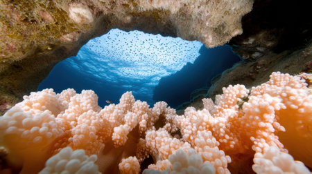 Underwater cave with vibrant coral and a school of fish swimming above, AIの素材