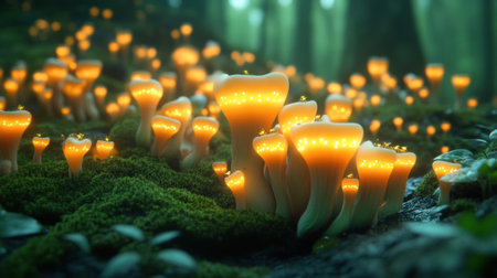Glowing mushrooms illuminate a mystical forest floor, creating an enchanting atmosphere, AIの素材