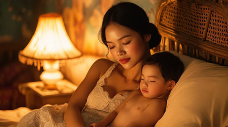 Mother and child peacefully asleep in warm, cozy bedroom lighting, AIの素材