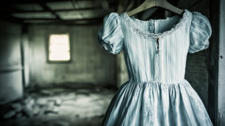 Vintage dress hanging in an abandoned, dimly lit room, AIの素材