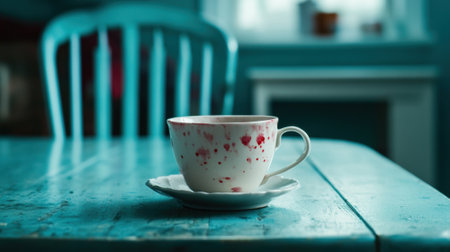A speckled teacup sits on a rustic blue table, creating a cozy, vintage atmosphere, AIの素材