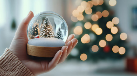 Snow globe with a winter scene held in a cozy setting, evoking holiday warmth, AIの素材