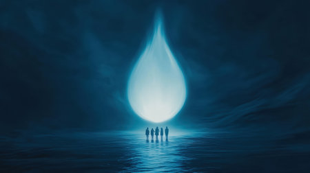 A group of people stands before a giant glowing droplet in a surreal landscape, AIの素材