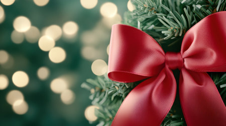 Festive red bow on a Christmas wreath with blurred lights in the background, AIの素材
