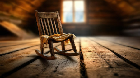 Rocking chair bathed in warm sunlight in a rustic attic setting, AIの素材