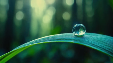 Dewdrop delicately balances on a vibrant green leaf in a serene forest setting, AIの素材