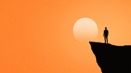 Silhouette of a person standing on a cliff against a vibrant orange sunset, AIの素材
