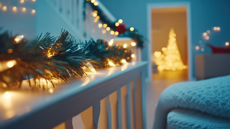 Festive home interior with glowing Christmas lights and a decorated tree in the background, AIの素材