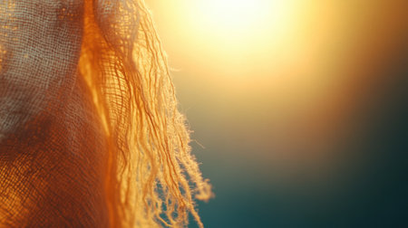Golden sunlight illuminates a textured fabric, creating a warm and serene atmosphere, AIの素材