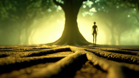 Majestic tree roots stretch towards a glowing figure in a mystical forest, AIの素材
