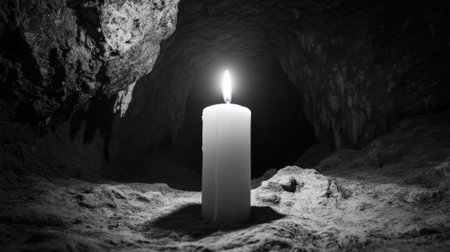 Candle illuminating a dark cave with a soft, warm glow, AIの素材