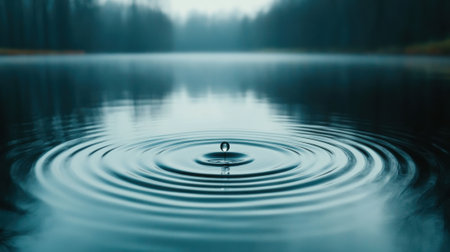 A single droplet creates ripples on a serene lake, surrounded by a misty forest, AIの素材