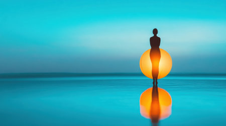 Silhouette of a person standing against a glowing orb on a tranquil water surface, AIの素材