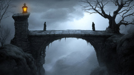 Two cloaked figures face each other on a misty stone bridge under a glowing lantern, AIの素材