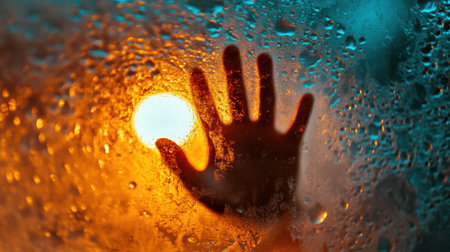 Hand silhouetted against a rain-soaked window with warm and cool lighting, AIの素材