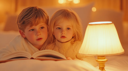 Two children reading a book by a warm lamp in a cozy setting, AIの素材