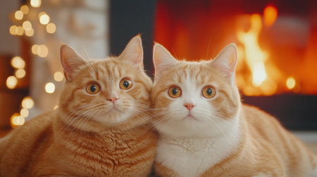Two ginger cats cozy up by a warm fireplace, surrounded by soft, glowing lights, AIの素材