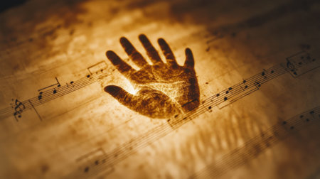 A glowing handprint overlays a sheet of music, creating a mystical atmosphere, AIの素材
