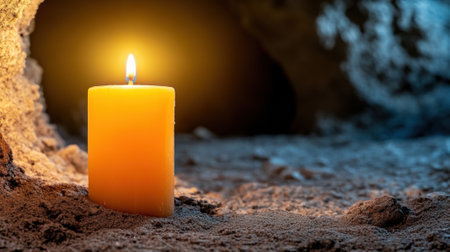 A glowing candle illuminates a dark, rocky cave interior, AIの素材