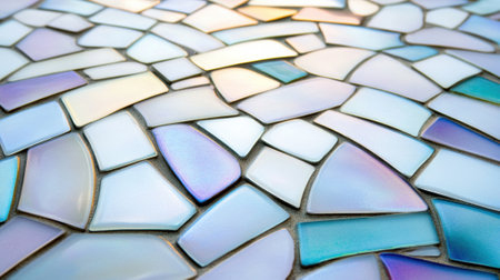 Iridescent mosaic tiles create a captivating pattern with a soft, pastel glow, AIの素材