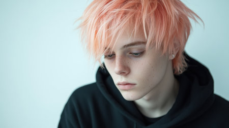 Young person with pastel pink hair gazes downward in a contemplative mood, AIの素材