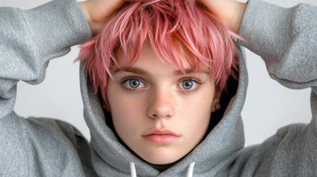 Young person with pink hair and a gray hoodie gazes intently at the camera, AIの素材