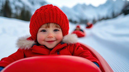 Toddler enjoying a snowy sled ride in a vibrant red outfit, AIの素材