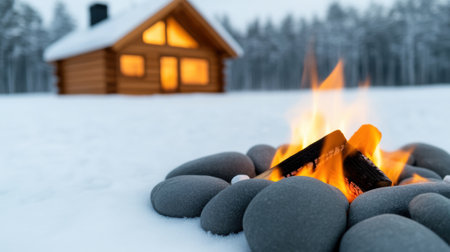 Cozy winter scene with a campfire and a log cabin in the snowy woods, AIの素材