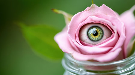 A surreal rose with an eye at its center, blending nature and imagination, AIの素材