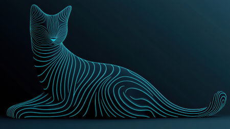 Neon cat silhouette with glowing blue lines on a dark background, AIの素材