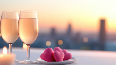 Two glasses of wine and heart-shaped chocolates set a romantic sunset scene, AIの素材