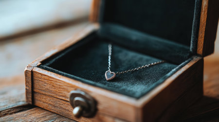 Heart-shaped pendant necklace in an elegant wooden box on a rustic table, AIの素材
