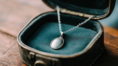 Elegant silver necklace with a pendant in an open vintage box on a wooden table, AIの素材