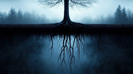 Tree with exposed roots mirrored in a misty, mysterious landscape, AIの素材