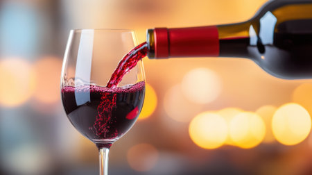 Red wine elegantly pours into a glass against a warm, blurred background, AIの素材