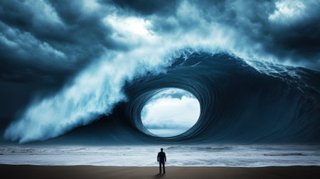 Man faces a massive wave with a mysterious vortex at its center, AIの素材