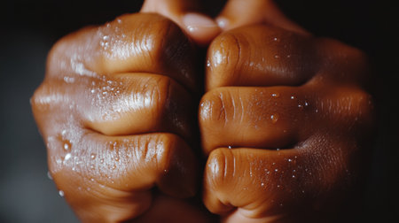 Hands clenched tightly, droplets of water glistening on the skin, AIの素材