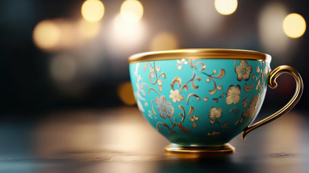 Elegant turquoise teacup with gold floral patterns on a blurred bokeh background, AIの素材